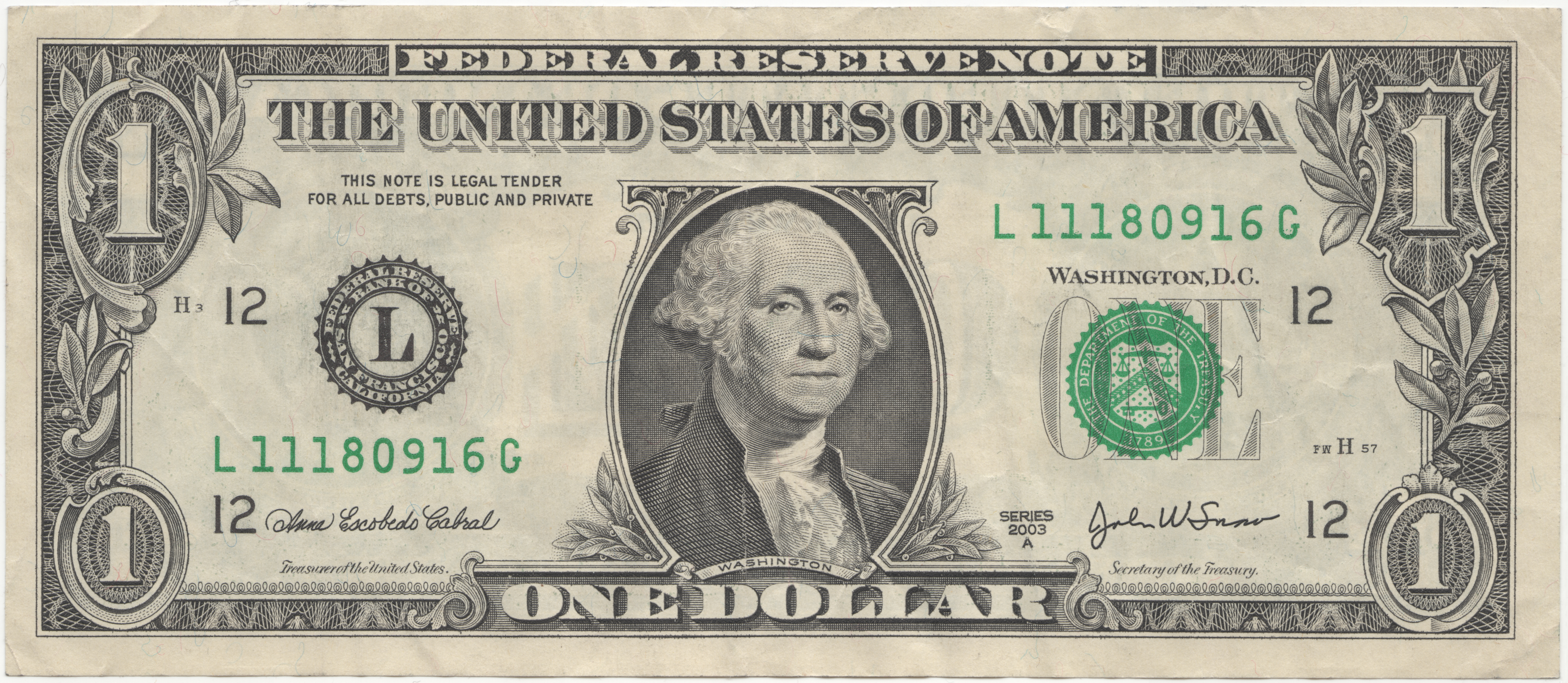 アメリカドル... United States one dollar bill, series 2003